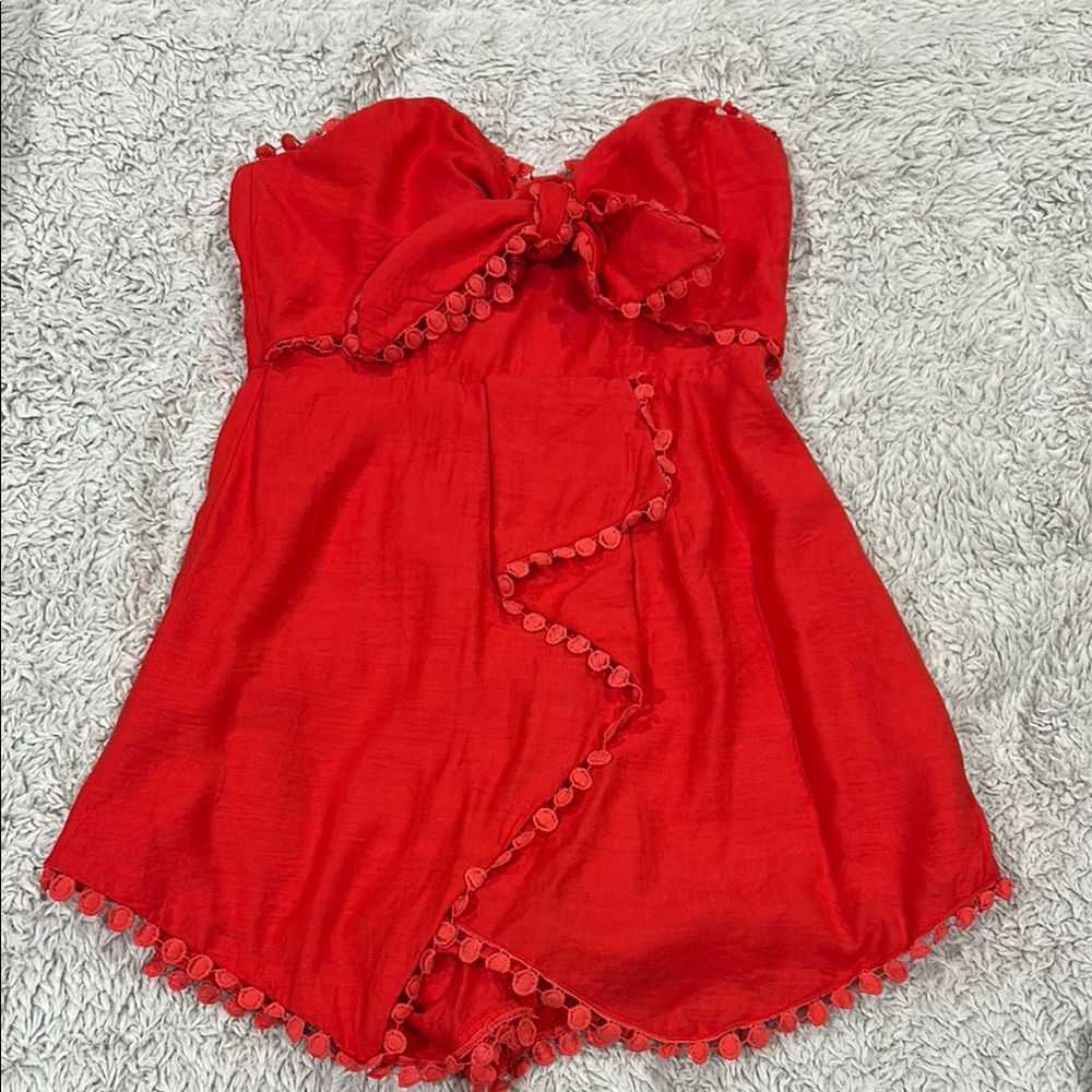 Selfie Leslie-Strapless Romper with Pom Pom Trim